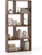 Libreria Geometrica a 4 Ripiani, Organizzatore Moderno con 8 Cubi, Mensola Espositiva a Pavimento, Mobile di Stoccaggio in Legno per Soggiorno Camera da Letto Studio, 60x20x120 cm (Marrone)