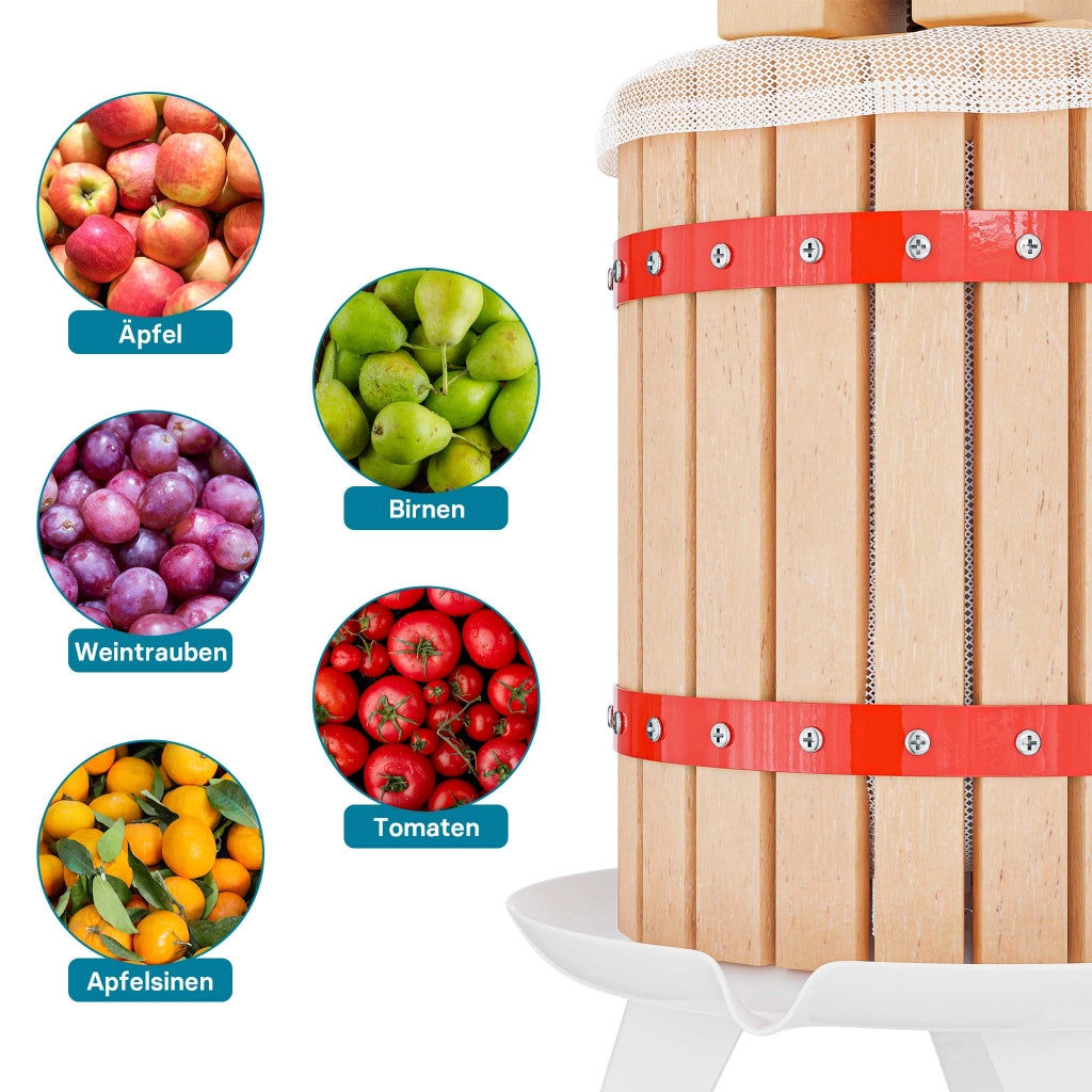 Torchio frutta da 12 l con gabbia in legno e 3 sacchi di spremitura, Torchio a leva