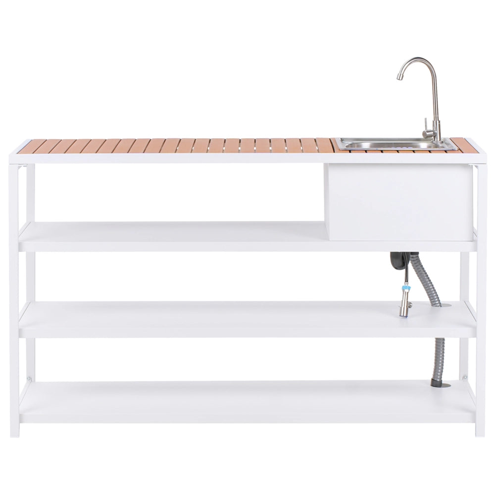 Isola da giardino per esterni con lavello con bocca a leva singola acciaio bianco 159 x 50 x 91 cm con ripiani esterno