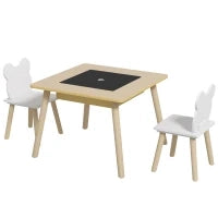 Set Tavolo 3 in 1 e 2 Sedie per Bambini con Schienale a Orsetto, Età 3-6 Anni, Colore Legno