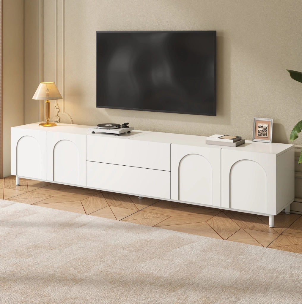 Mobile porta TV bianco 180 cm con 4 ante, 2 cassetti e passacavi