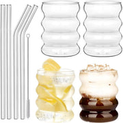 Set di decorazione per bicchieri 300 ml - 4 pezzi - bicchieri tumbler ondulati per acqua, latte macchiato, caffè freddo, whisky, cocktail, yogurto, soda con bastoncino