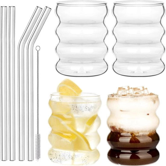 Set di decorazione per bicchieri 300 ml - 4 pezzi - bicchieri tumbler ondulati per acqua, latte macchiato, caffè freddo, whisky, cocktail, yogurto, soda con bastoncino