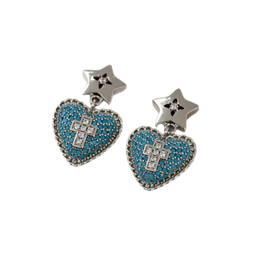 Orecchini a forma di cuore con stella a cinque punte in turchese blu, design squisito e unico, orecchini a croce con zirconi, orecchini a forma di stella e di cuore.