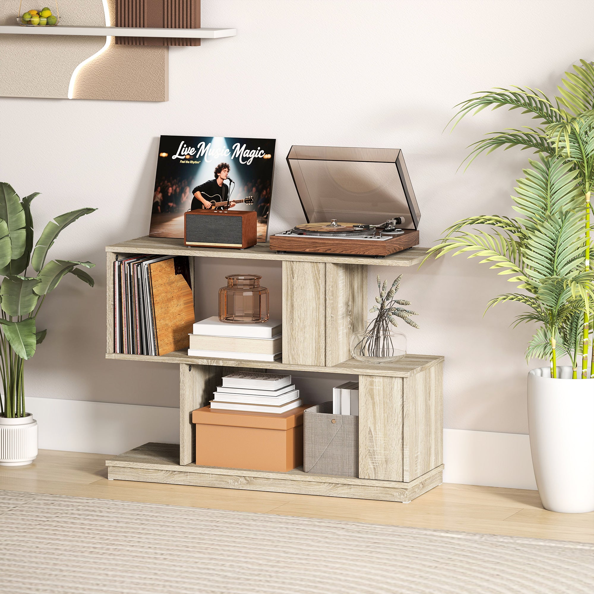 Tavolino da Caffè Moderno a S con 3 Ripiani per Soggiorno 90x30x61 cm in MDF Color Legno