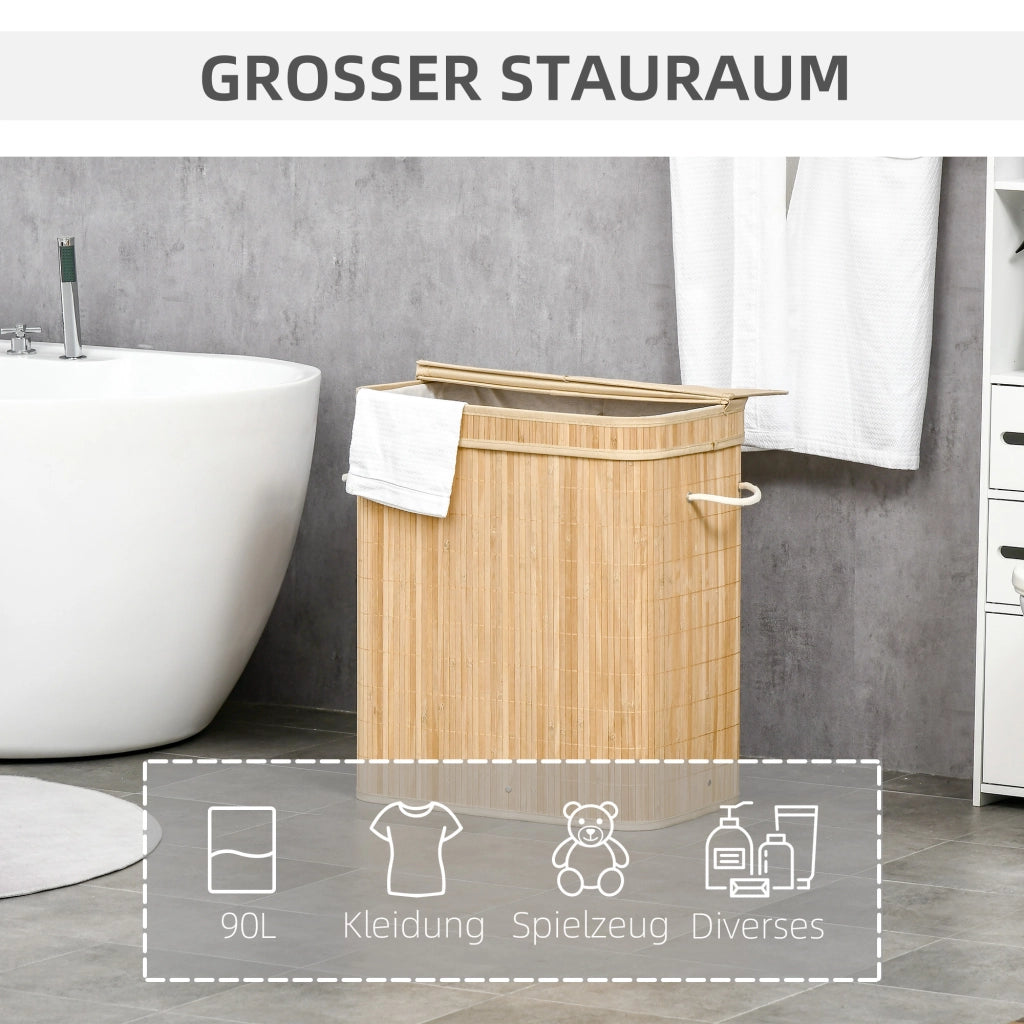 CESTO PORTABIANCHERIA con coperchio, 2 scomparti, 90 L, bambù, colore naturale