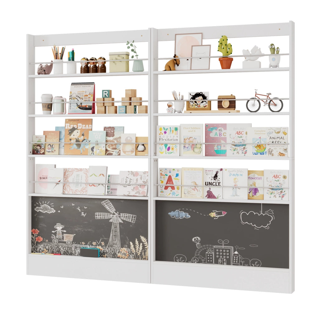 Libreria doppia salvaspazio da 100x10x180 cm, bianca, con lavagna nera, protezione antiribaltamento