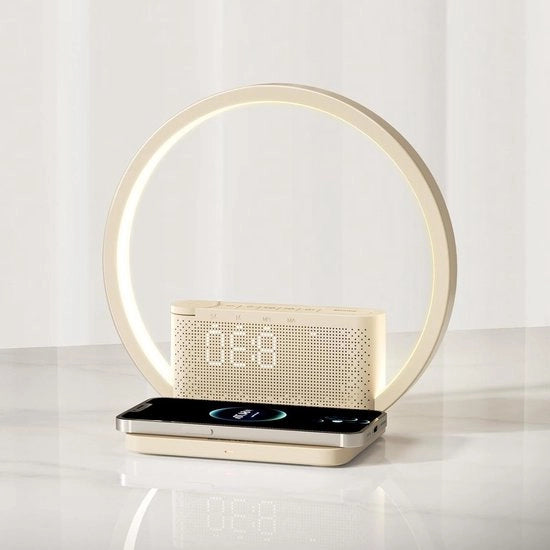 Lampada da notte con caricatore wireless e sveglia con funzione di alba - 10 watt, lampada da tavolo a controllo touch con 3 livelli di luminosità e suono rilassante per aiuto al sonno - per bambini e adulti