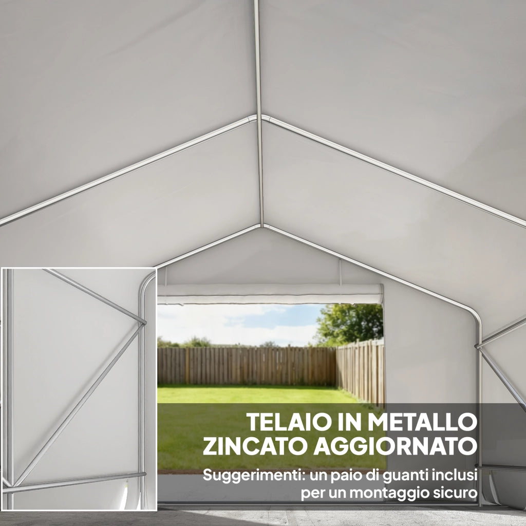 Capanno da Giardino e Tenda Garage 3x3 m Impermeabile con Porta Avvolgibile in Metallo e PE Bianco