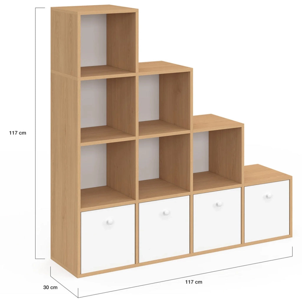 IDMarket - LORYS Mobile a 4 livelli in legno e bianco a gradini con 4 cassetti in tessuto