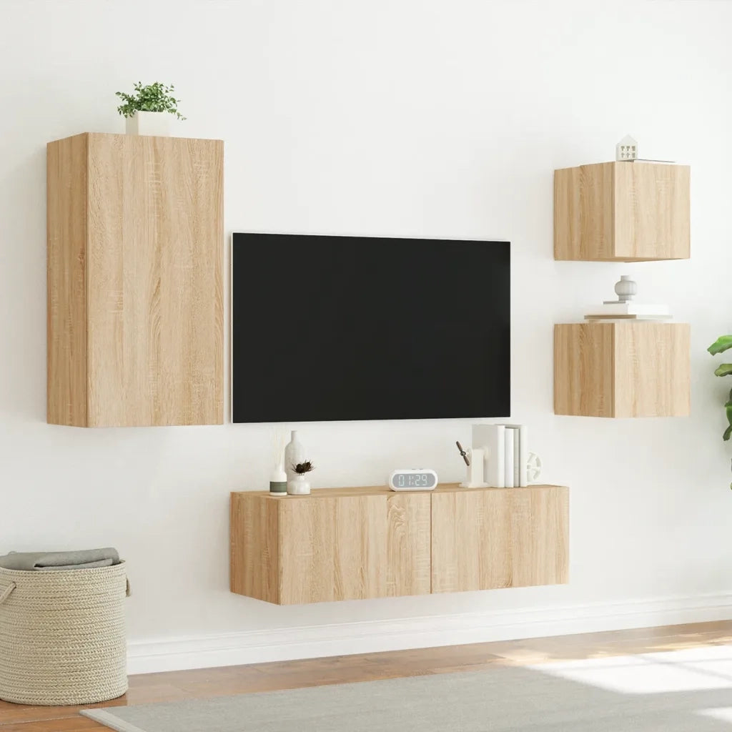 Mobili TV a Muro 4pz | Armadietto TV | Mobile Porta TV con Luci LED Rovere Sonoma