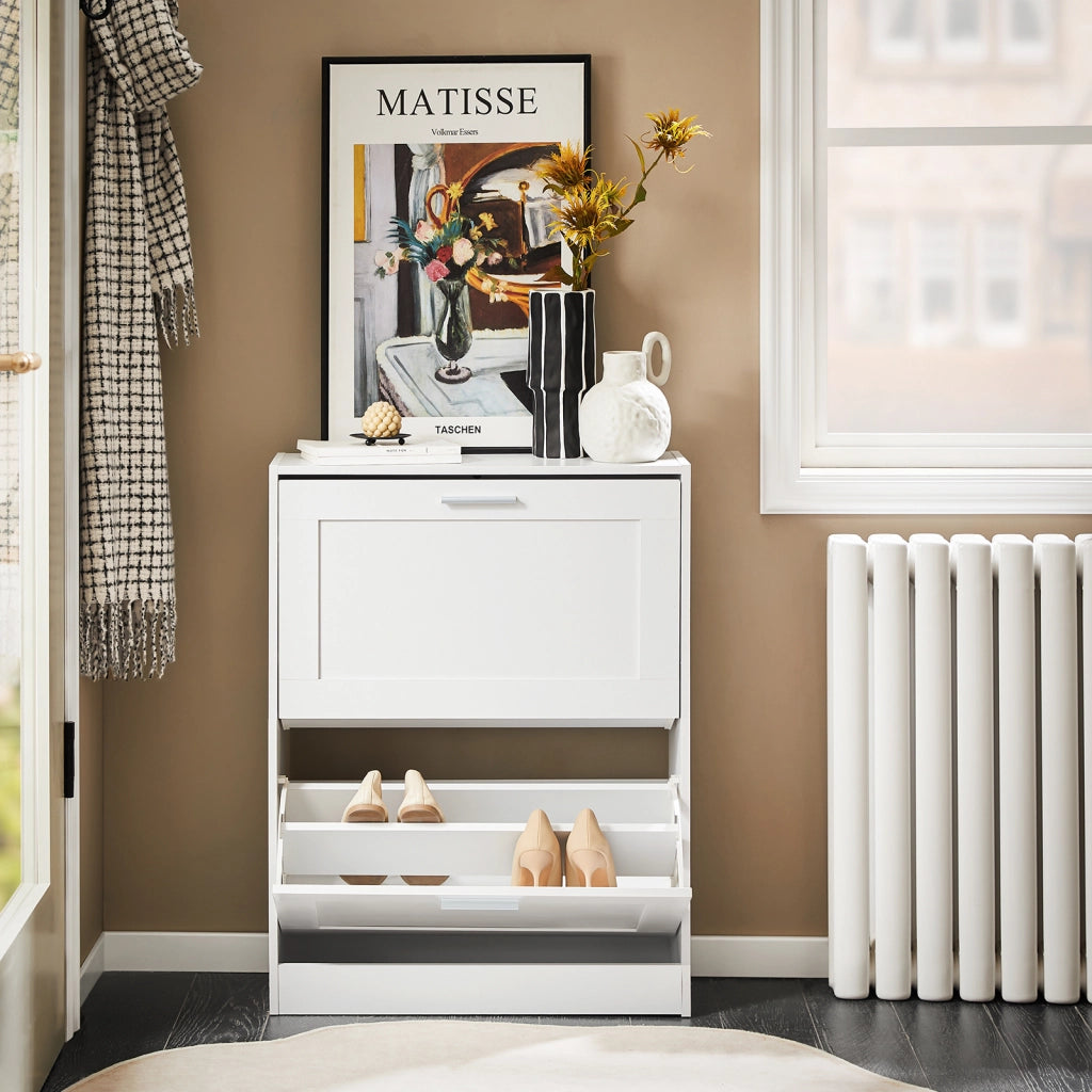 SoBuy Scarpiera Salvaspazio Slim Scarpiera Ingresso a 2 Ribalte - Design Compatto Moderno + Capacità 12 Paia + Adatta a Corridoi Stretti - Bianco 60x25x80cm FSR137-W