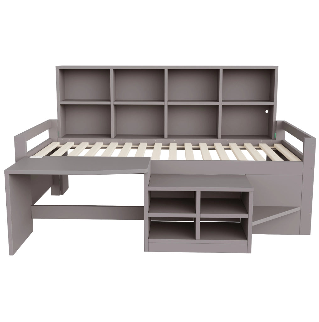 Letto a soppalco 90x200 cm con scrivania; vani portaoggetti e LED in legno e legno sintetico grigio