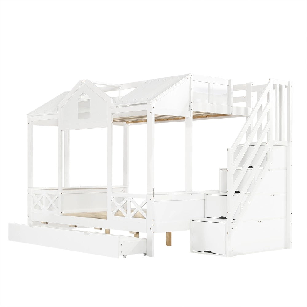 Letto a Castello con Cassetti e Scaletta ¨C MINIMAL ¨C Pino/MDF, Bianco, 90x200 & 140x200