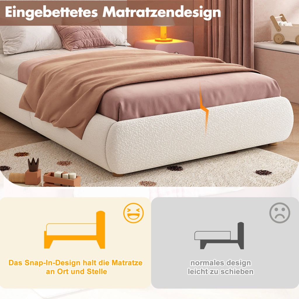 Letto imbottito con contenitore idraulico; LED e rete a doghe; bouclé bianco