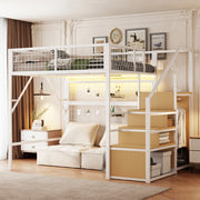 OKWISH Letto soppalco 140×200 cm, Letto Matrimoniale con Scala con Contenitori, LED con App e Rete di Sicurezza, senza Materasso, Bianco