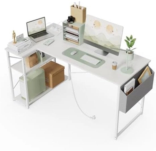 Scrivania angolare con - 100x70 cm forma L Scrivania con ripiano trasparente e grandi ripiani di archiviazione - Pianca libreria per studio, gioco, lavoro e camera da letto in ufficio domestico