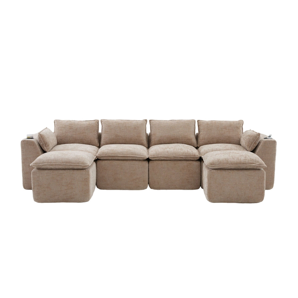 Divano modulare 4 posti 322x161x75 cm in tessuto beige, con 2 pouf e tasche laterali –