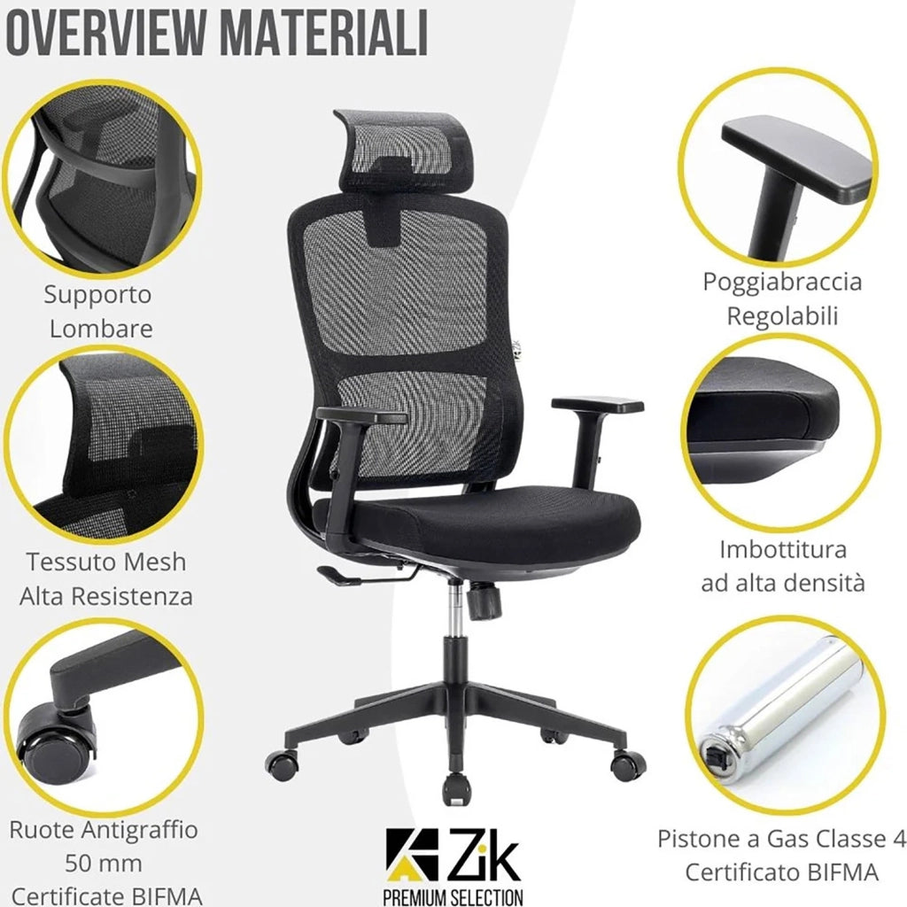 Sedia Direzionale da Ufficio 62x64x118/133 cm Ergonomica con Poggiabraccia Regolabili Nera