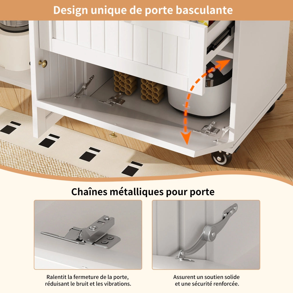 Carrello da Cucina con Contenitore e Piano Ribaltabile con Ruote e Piedini Regolabili in MDF Bianco