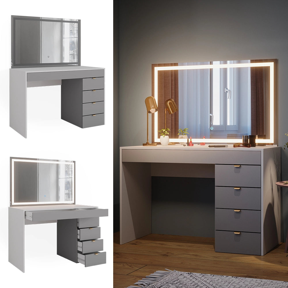 Vicco Tavolo da toeletta Bianco/grigio/grigio 115 cm con specchio a LED