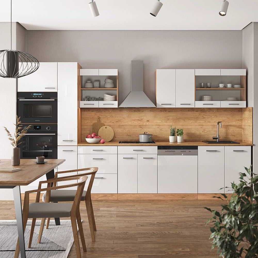Vicco Cucina componibile Bianco lucido/oro power oak 350 cm con armadio alto, PL Marmo
