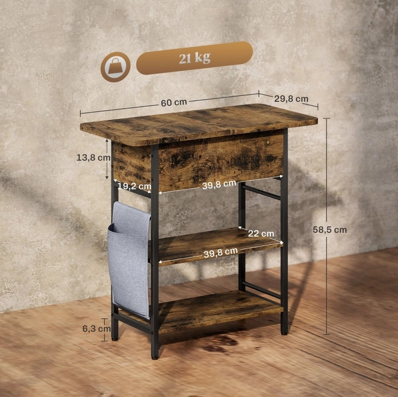 Comodino con prese elettriche, USB e vani contenitore, 60 x 29,8 x 58,5 cm