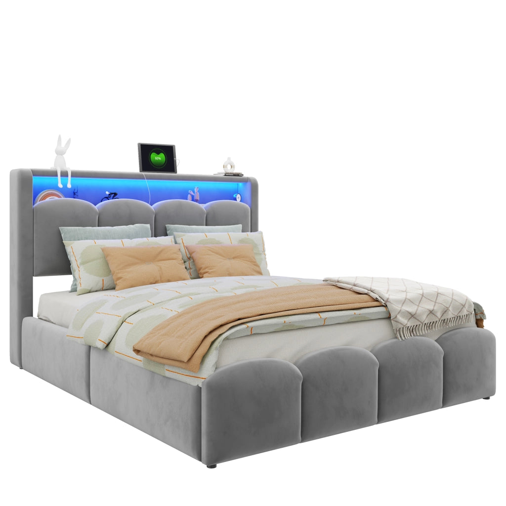 Letto imbottito contenitore con LED ¨C Minimal ¨C Grigio velluto 140x200cm con porte USB e C idraulico