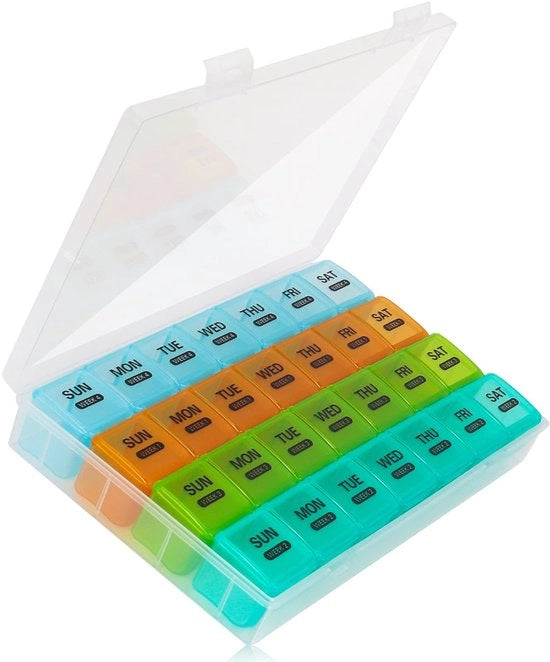Cassetta di Cura 28 Giorni - Contenitore per Vitamine - Scatola di Medicinali da Viaggio - Bocchette Ampie - Inerte ai Fattori Chimici - 23,5 x 15 x 3,8 cm