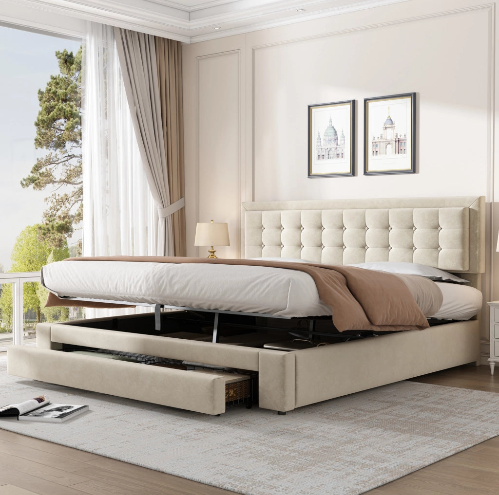 Letto matrimoniale 180x200 cm in velluto beige con contenitore e testiera regolabile