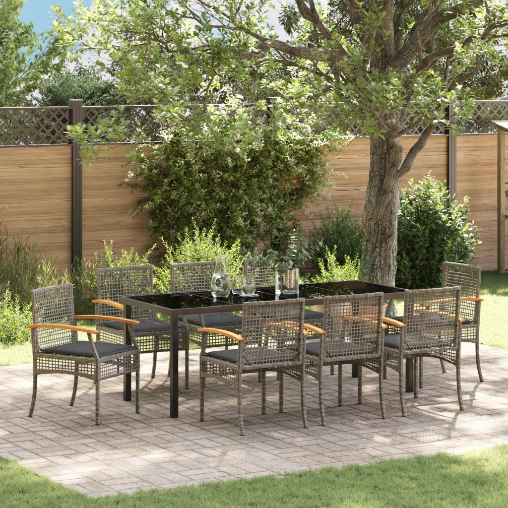 Set da Pranzo da Giardino 9 Pezzi con Cuscini Grigio Polyrattan