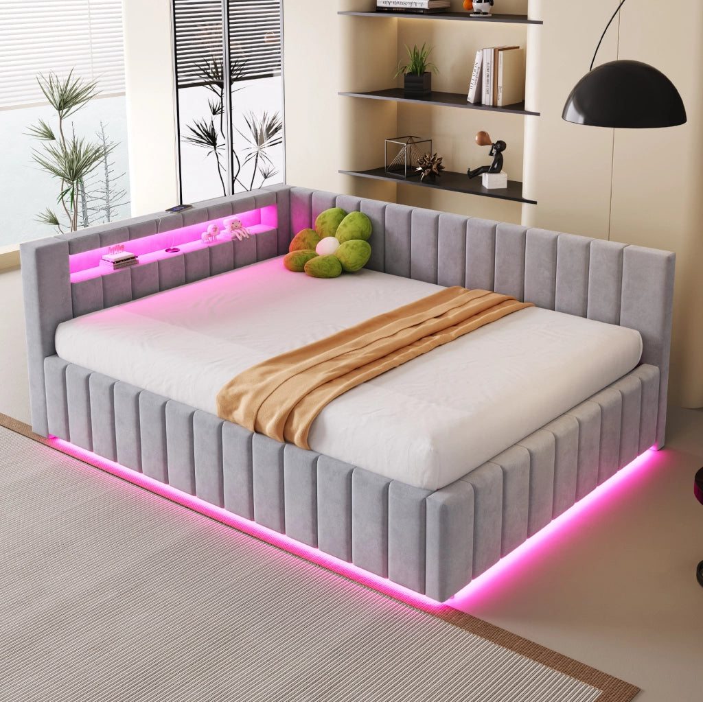Letto imbottito 140x200 cm con contenitore idraulico; LED e USB; velluto grigio (Senza materasso)