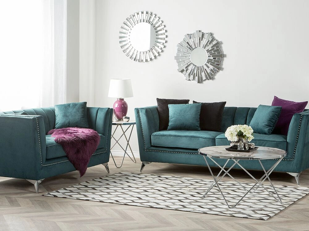 Set di divani a 2 + 3 posti con trapuntatura del pannello di rivestimento della testa del chiodo blu verde acqua