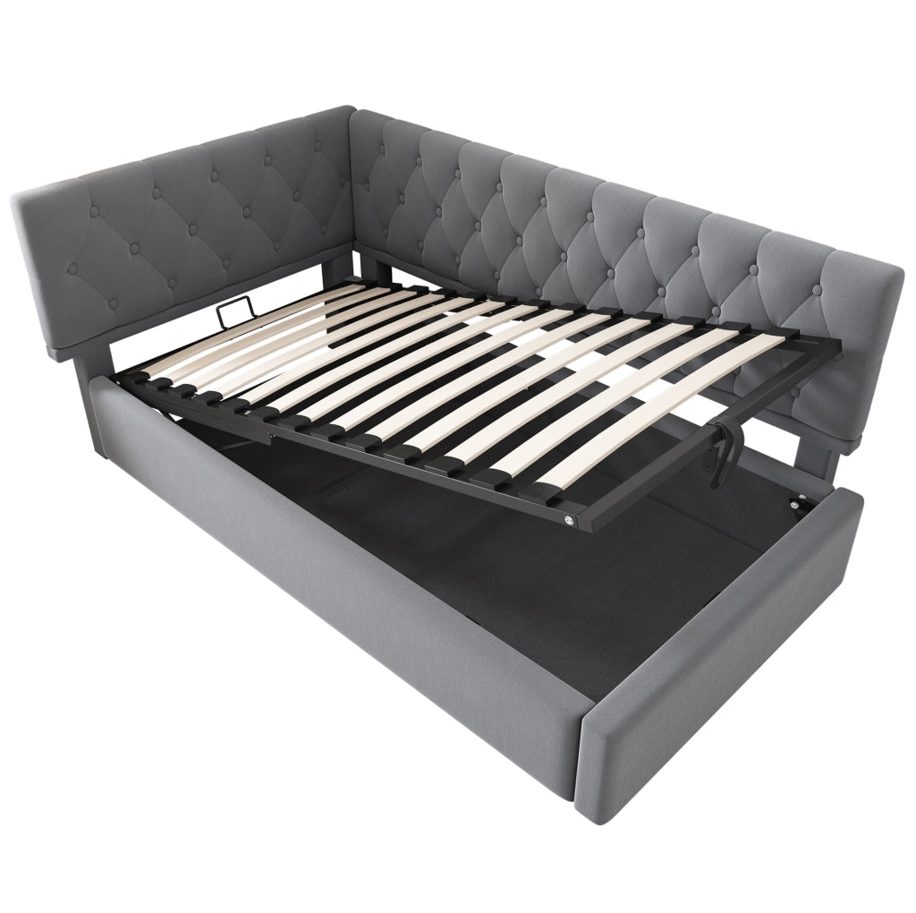 Letto imbottito a L in velluto grigio 90x190 cm con contenitore idraulico