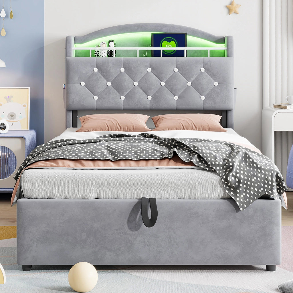 DESMIU Letto bambino 90 × 200 cm con contenitore, LED, USB e Type-C, senza materasso, in velluto, grigio
