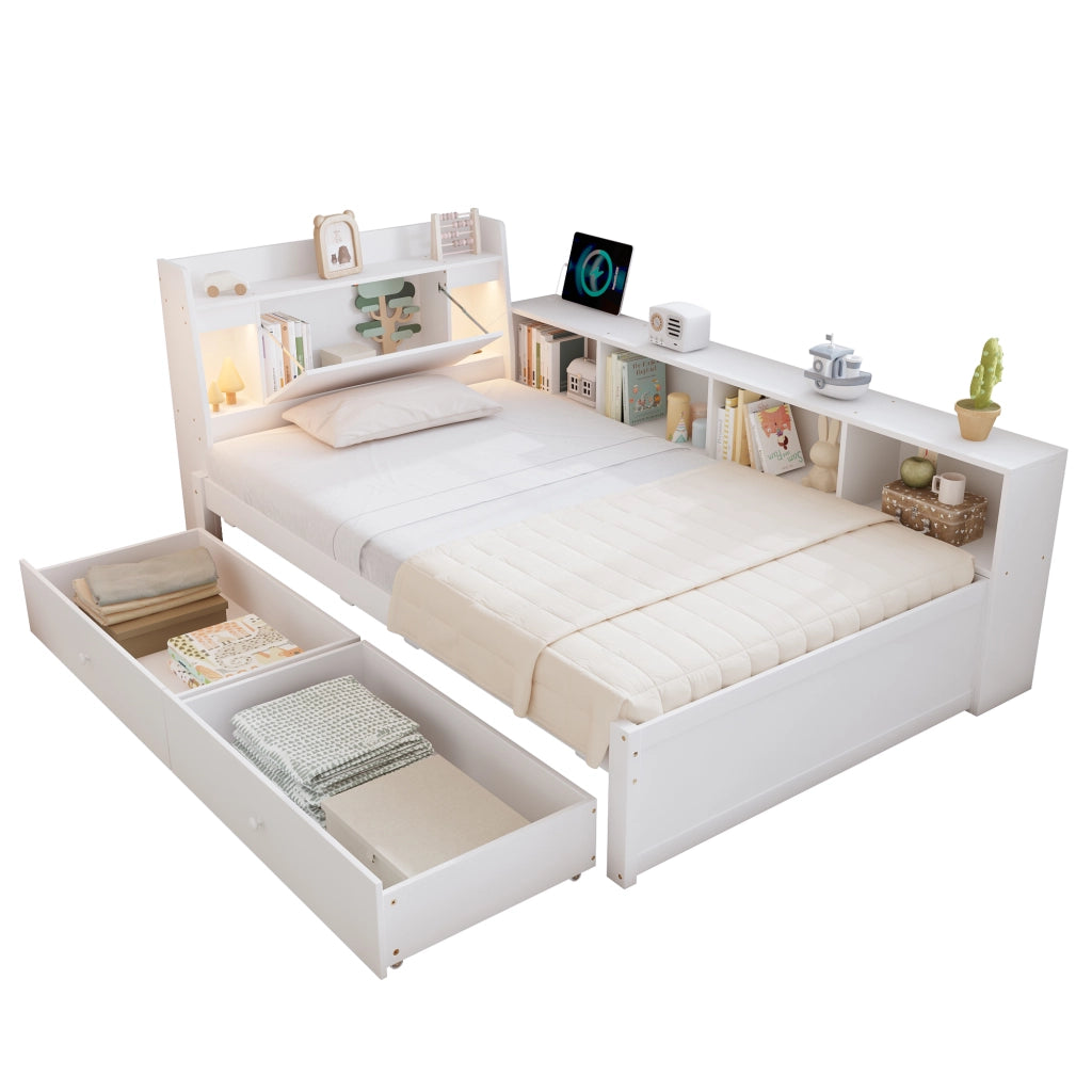 Letto con Cassetti 90x200 cm; Letto Singolo - Presa di Ricarica; 2 Luci e Ripiano - Bianco