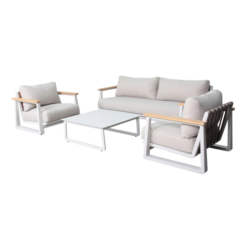 SINED Set Divano 2 Posti 2 Poltrone Cuoio Crema Struttura in Alluminio e Braccioli in Teak FSC® Cuscini Imbottiti Sfoderabili Comfort per Esterni - Modello SET-DIVANO-GIARDINO-BRA