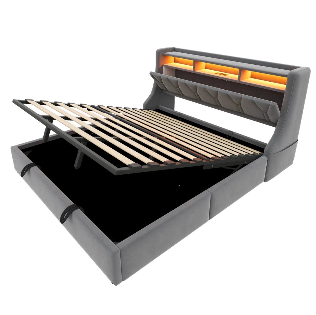Letto imbottito 180x200 cm con contenitore idraulico; LED e prese in velluto grigio