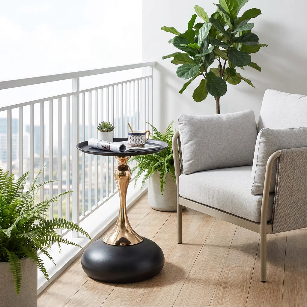 Tavolino basso rotondo con struttura in metallo, stile moderno, per soggiorno e camera da letto, in carbon steel, nero e oro