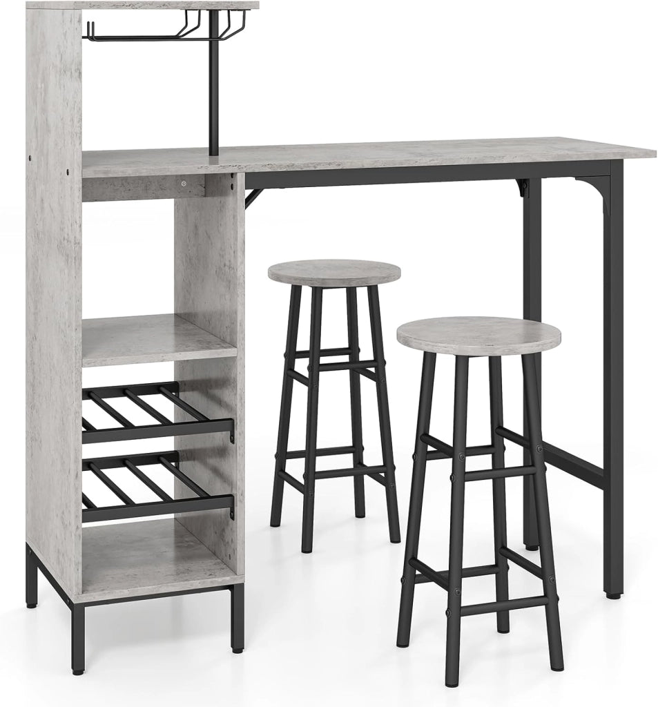 Set 3 Pezzi Tavolo e Sedie da Bar, Tavolo e Sgabelli da Pub Industriale con Porta Calici e 6 Portabottiglie da Vino, Set di Tavolo per Sala da Pranzo, Ristorante e Bar (Caffè)