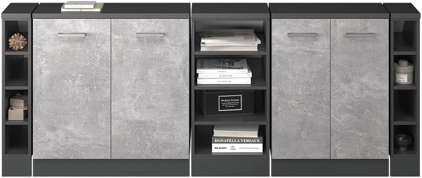 Set di mobili sottotetto Rion, Calcestruzzo, 210 cm Set di 5 carcasse armadio profondità 60 cm, adatto per il salvaspazio sotto tetti spioventi