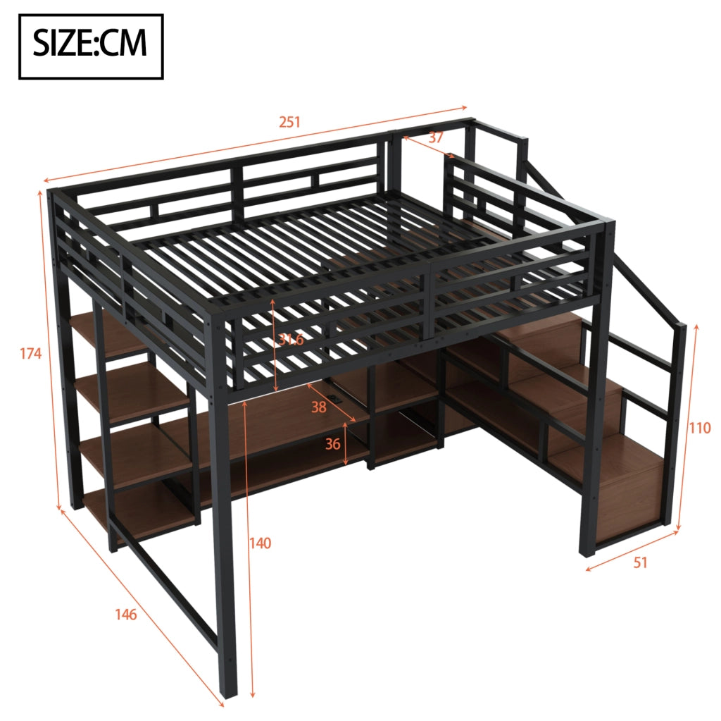 Letto a soppalco 140x200 con supporto TV, presa integrata e scala contenitiva