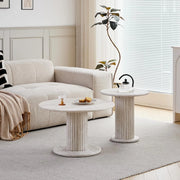 GrandCA HOME Set di 2 Tavolini Rotondi Impilabili con Gambe Cilindriche ed Effetto Travertino Grigio Finto, Tavolino da Caffè in Stile Minimalista Moderno per Soggiorno o Camera da Letto
