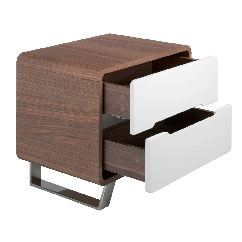 Comodino legno bianco, noce e acciaio cromato