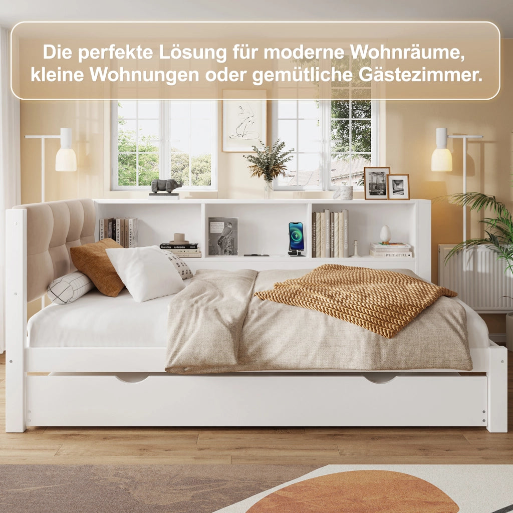 OKWISH Letto a Scomparsa 90×200 cm, Letto Singolo con Letto Estraibile, LED Regolabile, Ripiani e USB, senza Materasso, Legno, Bianco