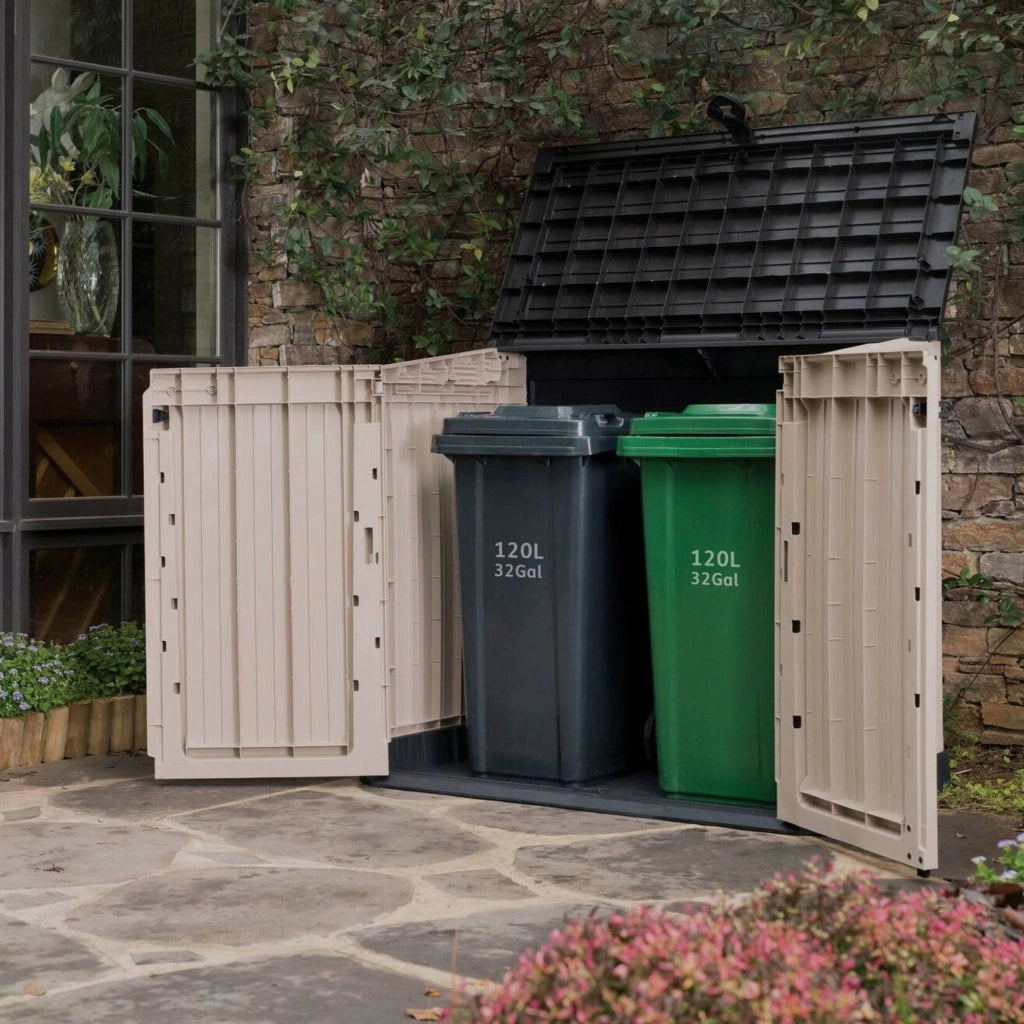 Armadio da esterno Gander, Mobile outdoor, Mobiletto giardino multiuso, Contenitore per balcone o garage, 132x72 h114 cm, Beige