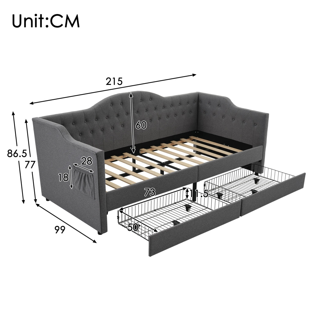 Letto a giorno 90x200 cm in lino grigio con 2 cassetti; USB e Type-C