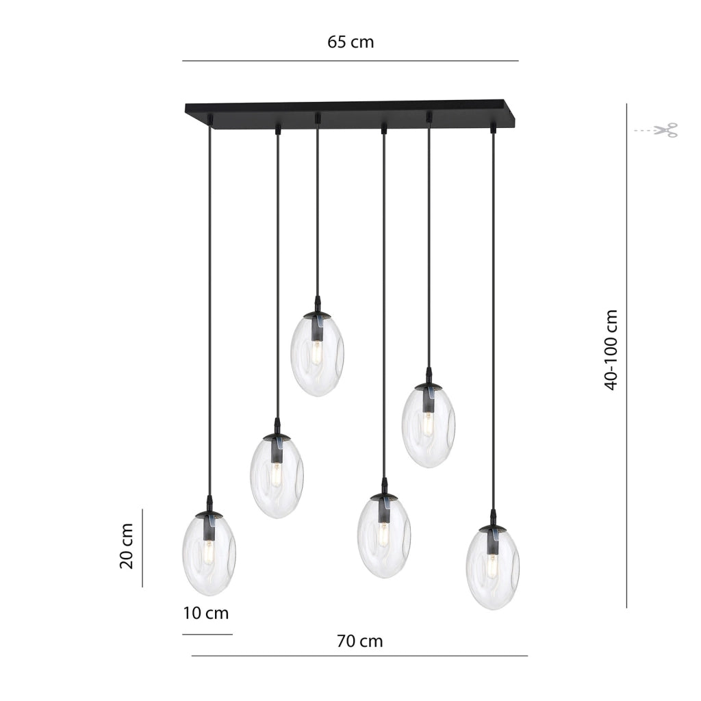 Sospensione Minimal 6 Luci Pendragon Acciaio Nero E Vetro Trasparente