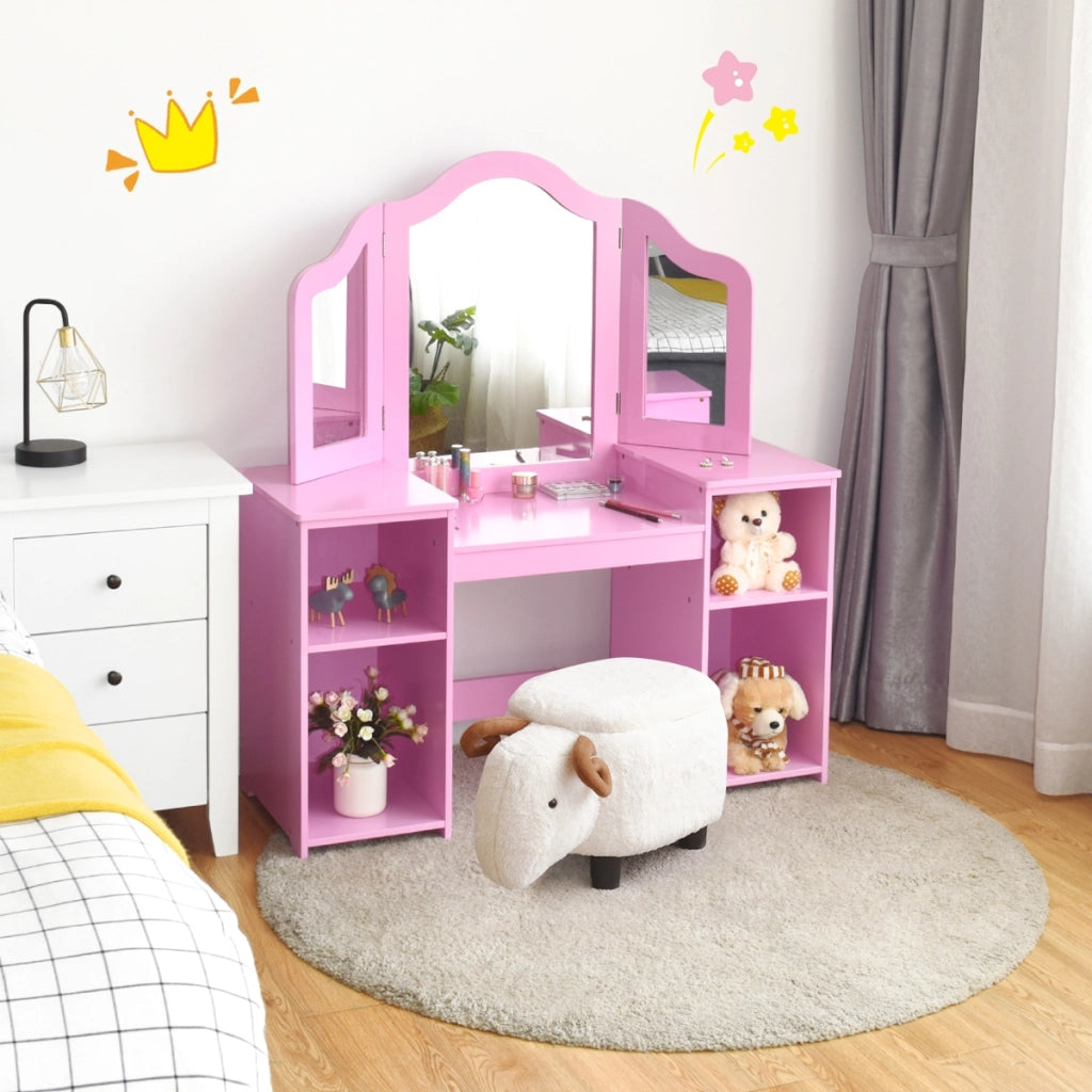 Toeletta design smontabile 2 in 1 per bambini-Toeletta make-up principessa con 4 mensole grandi e specchio Rosa