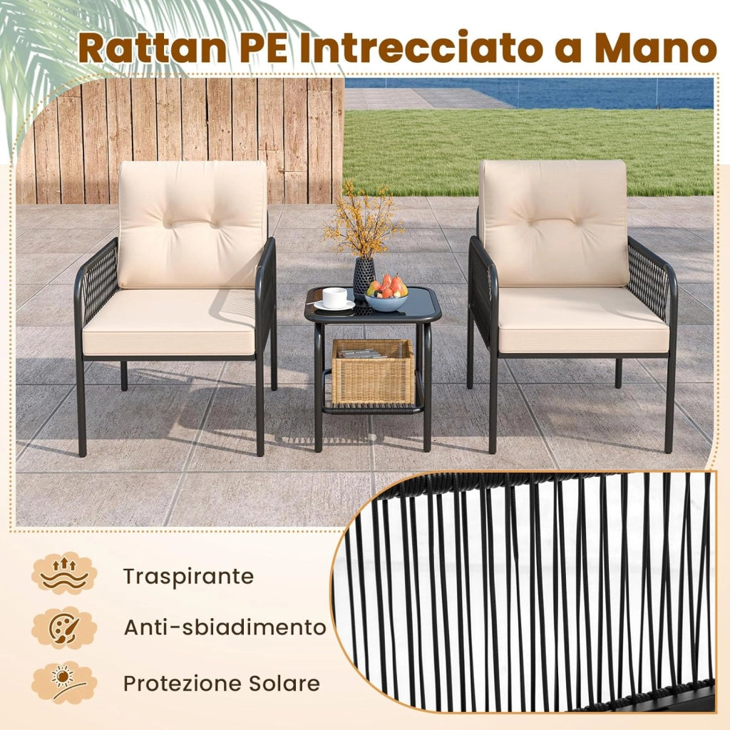 3 Pezzi Set di Mobili da Esterno in Rattan PE, con Tavolino in Vetro Temperato, Cuscini per Schienale e Seduta, Set da Conversazione per Giardino, Veranda, Cortile e Piscina, Beige e Nero
